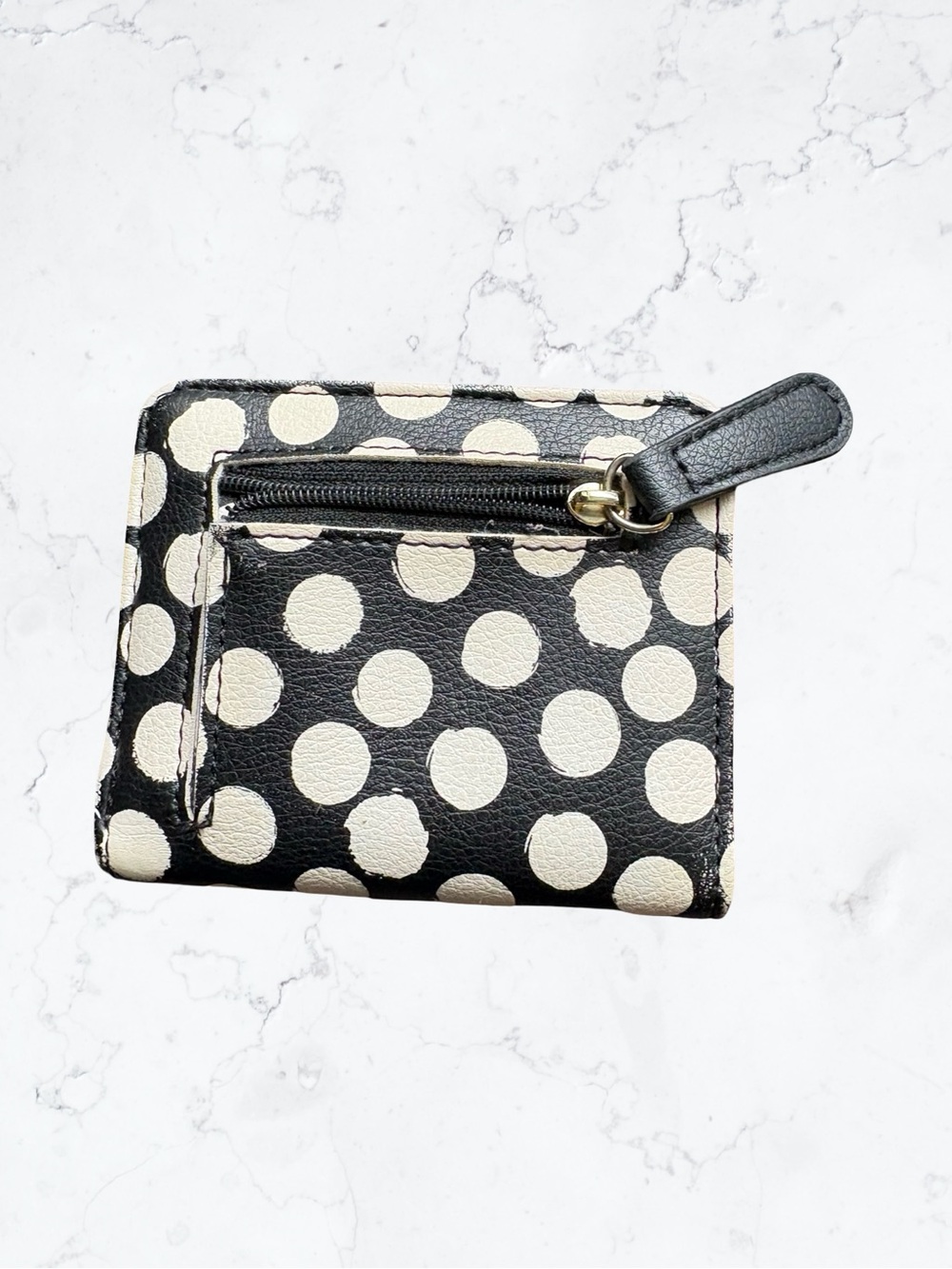 Betsey Johnson Black and White Polka Dot Zip-Around Wallet with Gold Plaque - Picture 2 of 4
